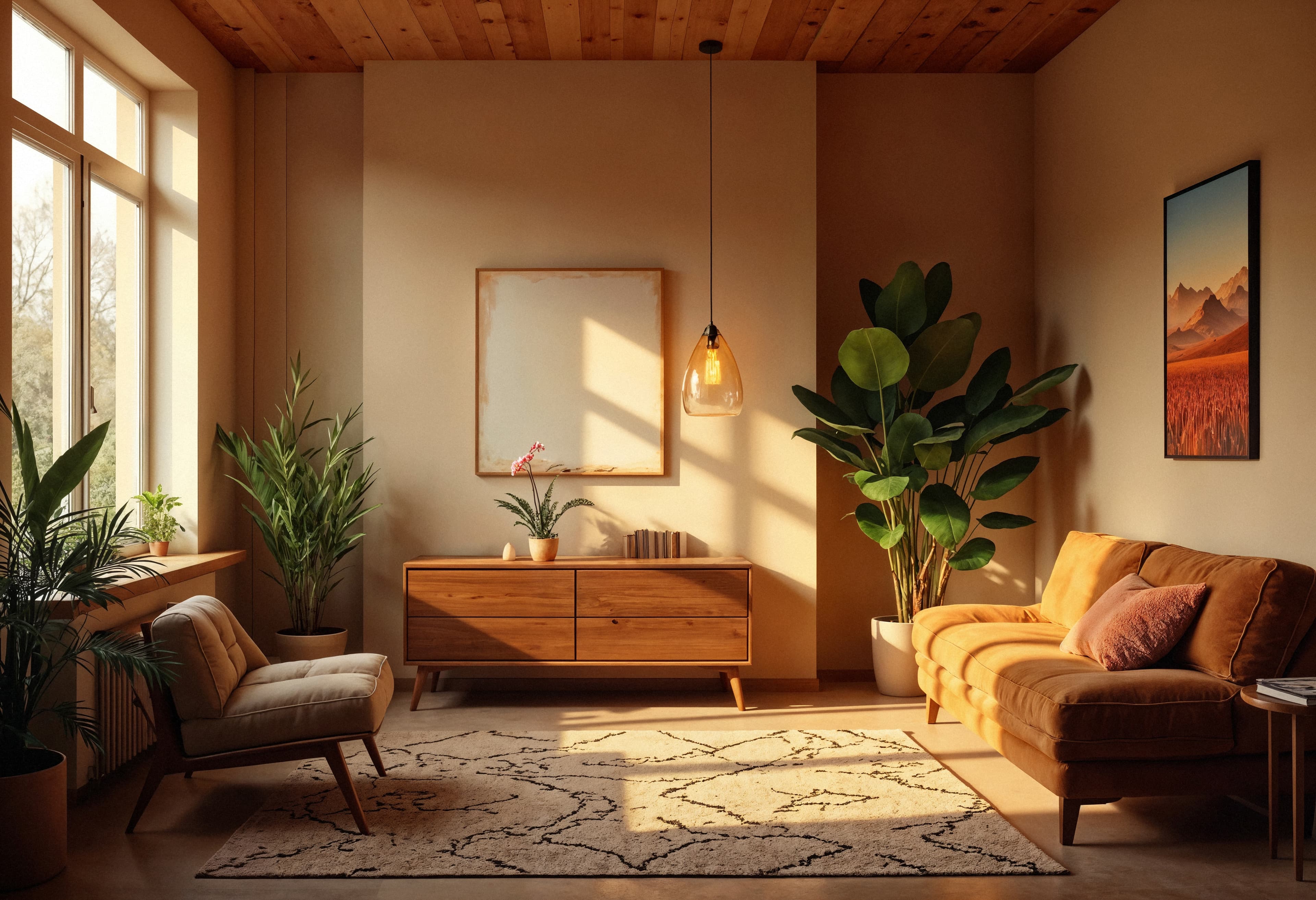 Warm living room interior with timber and soft neutral tones